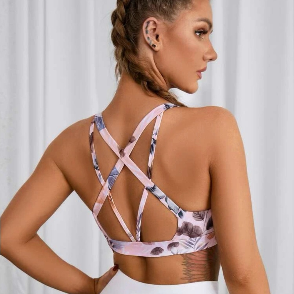 SHEIN Yoga Floral Tropical Print Crisscross Backless Sports Bra